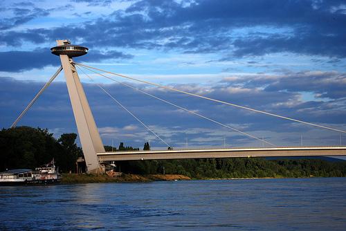 The Suspension Bridge Tower goes over the Danube in Bratislava